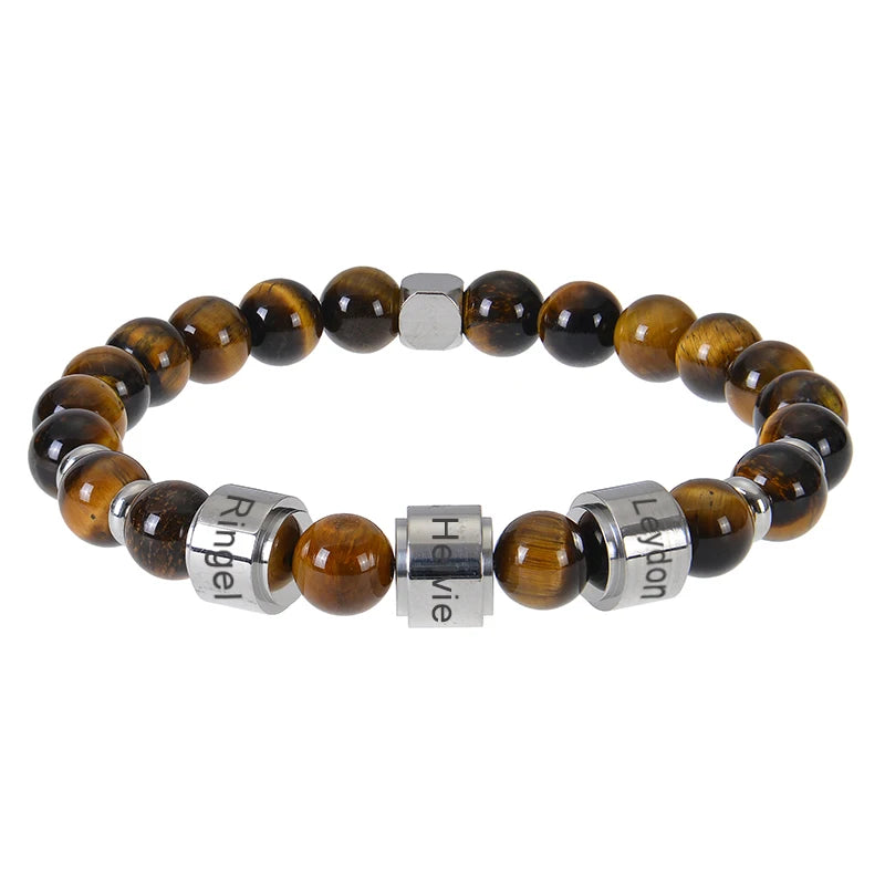Gepersonaliseerde armbanden van roestvrij staal met kralen en gegraveerde naam, op maat gemaakte armbanden met tijgeroog, cadeau voor mannen, hem, Vaderdag cadeau
