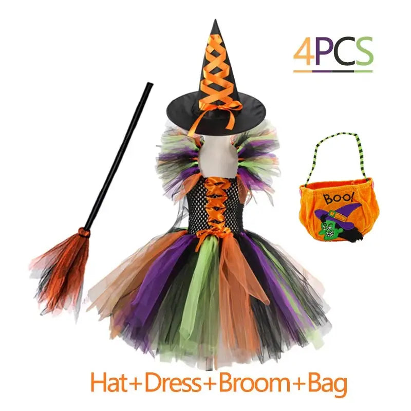 Girls Colour Witch Costume Disguise Halloween Cosplay Carnival Party Christmas Toddler Kids Princess Dress Prom Gown Dress