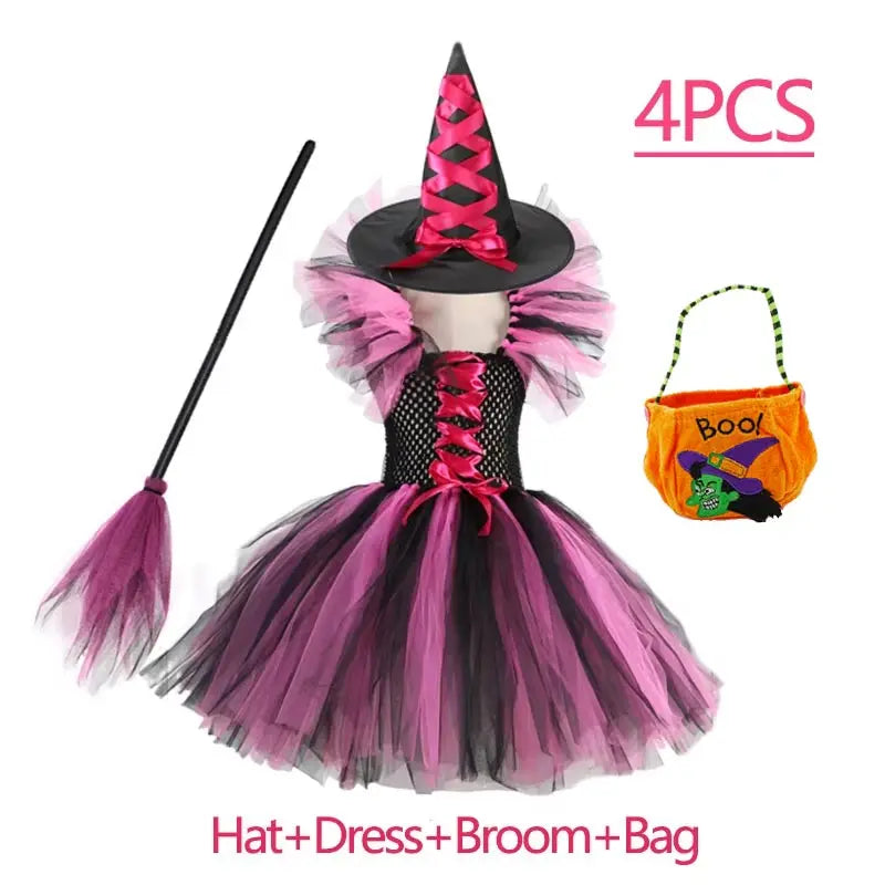 Girls Colour Witch Costume Disguise Halloween Cosplay Carnival Party Christmas Toddler Kids Princess Dress Prom Gown Dress