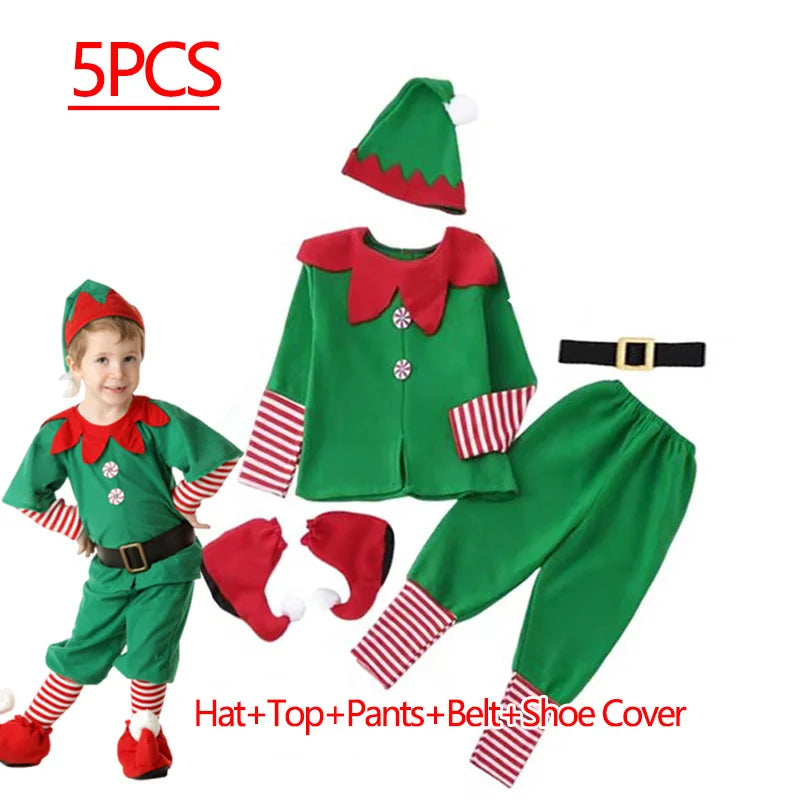 Christmas Santa Claus Costume for Girls Boys Cosplay Green Elf Carnival Party 2025 New Year Fancy Dress Kids Xmas Clothes Set
