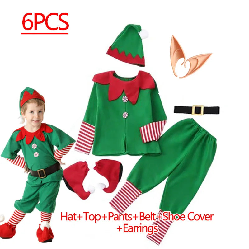 Christmas Santa Claus Costume for Girls Boys Cosplay Green Elf Carnival Party 2025 New Year Fancy Dress Kids Xmas Clothes Set