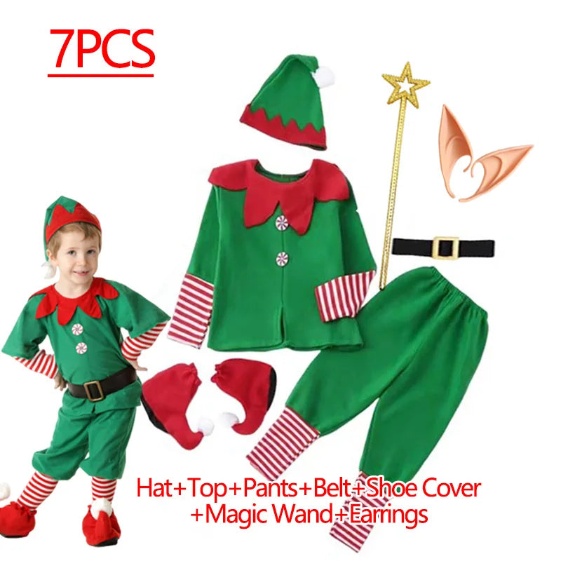 Christmas Santa Claus Costume for Girls Boys Cosplay Green Elf Carnival Party 2025 New Year Fancy Dress Kids Xmas Clothes Set