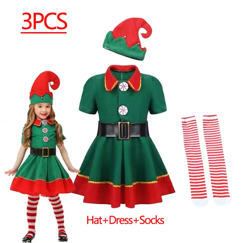 Christmas Santa Claus Costume for Girls Boys Cosplay Green Elf Carnival Party 2025 New Year Fancy Dress Kids Xmas Clothes Set