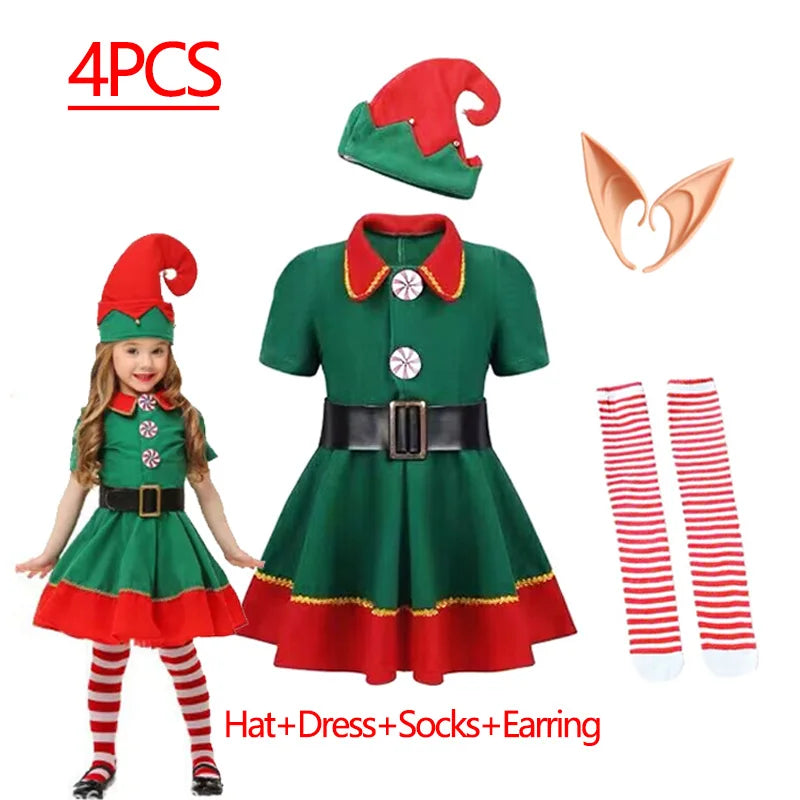 Christmas Santa Claus Costume for Girls Boys Cosplay Green Elf Carnival Party 2025 New Year Fancy Dress Kids Xmas Clothes Set