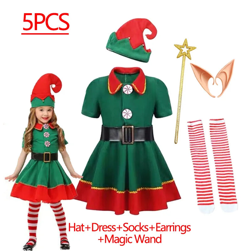 Christmas Santa Claus Costume for Girls Boys Cosplay Green Elf Carnival Party 2025 New Year Fancy Dress Kids Xmas Clothes Set