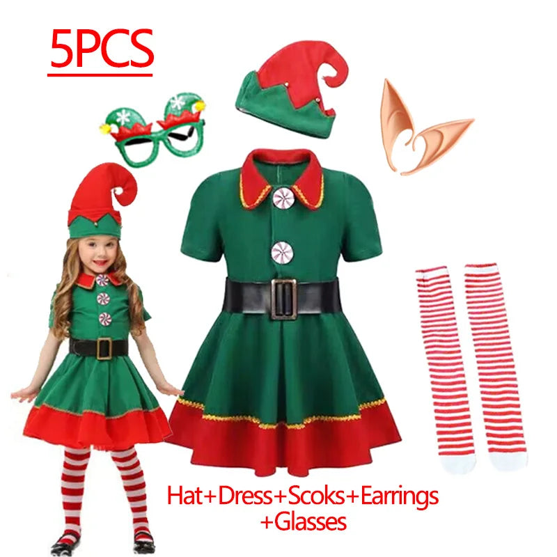 Christmas Santa Claus Costume for Girls Boys Cosplay Green Elf Carnival Party 2025 New Year Fancy Dress Kids Xmas Clothes Set