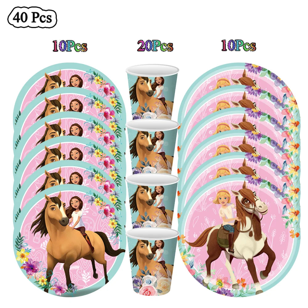 Cartoon Paard Verjaardagsfeestje Decoratie Geest-Hengst Jongen Meisje Gunst DIY Cake Topper Cup Plaat Tafelkleed Baby Douche Benodigdheden