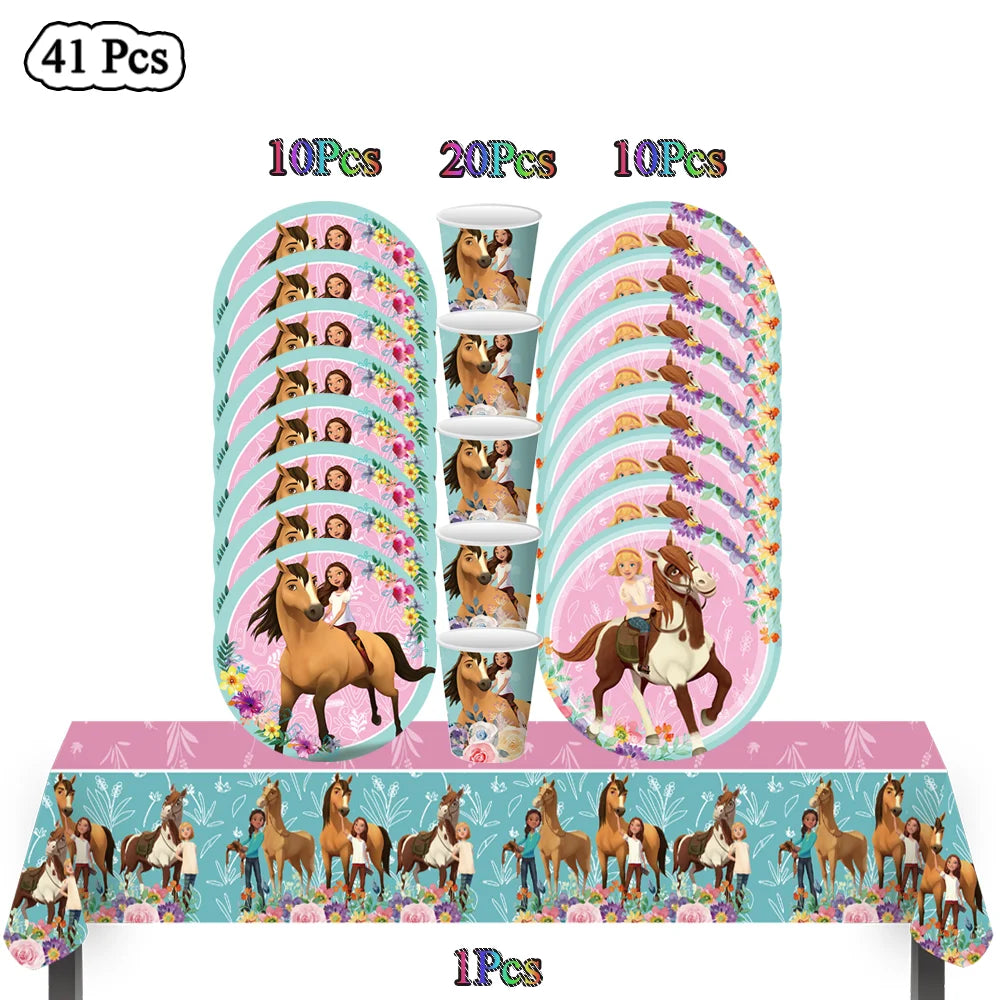 Cartoon Paard Verjaardagsfeestje Decoratie Geest-Hengst Jongen Meisje Gunst DIY Cake Topper Cup Plaat Tafelkleed Baby Douche Benodigdheden