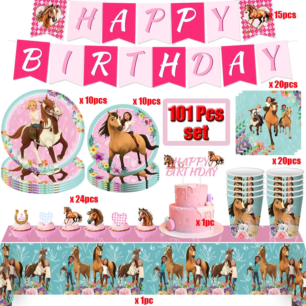 Cartoon Paard Verjaardagsfeestje Decoratie Geest-Hengst Jongen Meisje Gunst DIY Cake Topper Cup Plaat Tafelkleed Baby Douche Benodigdheden