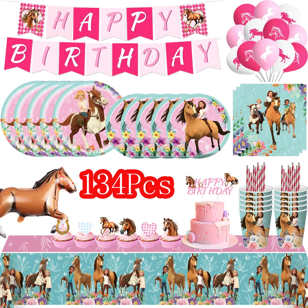 Cartoon Paard Verjaardagsfeestje Decoratie Geest-Hengst Jongen Meisje Gunst DIY Cake Topper Cup Plaat Tafelkleed Baby Douche Benodigdheden