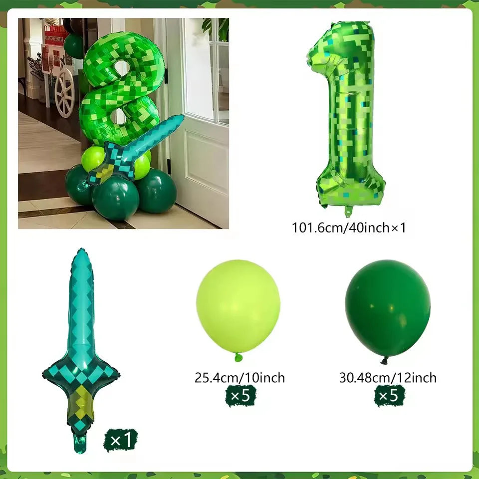 40 inch green Number Pixel Miner Balloon Set Diamond Sword Aluminum Film Balloon Jungle Game Event Birthday Party Decoration
