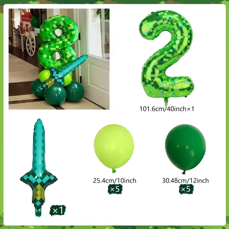 40 inch green Number Pixel Miner Balloon Set Diamond Sword Aluminum Film Balloon Jungle Game Event Birthday Party Decoration