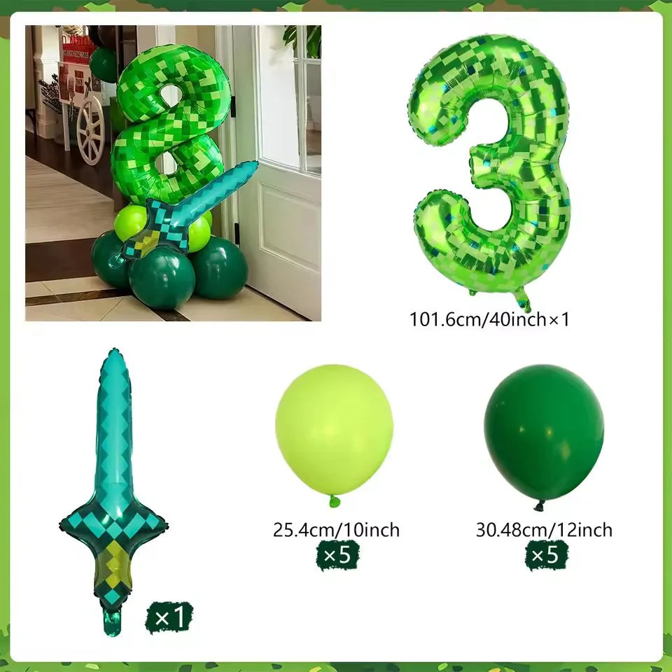 40 inch green Number Pixel Miner Balloon Set Diamond Sword Aluminum Film Balloon Jungle Game Event Birthday Party Decoration