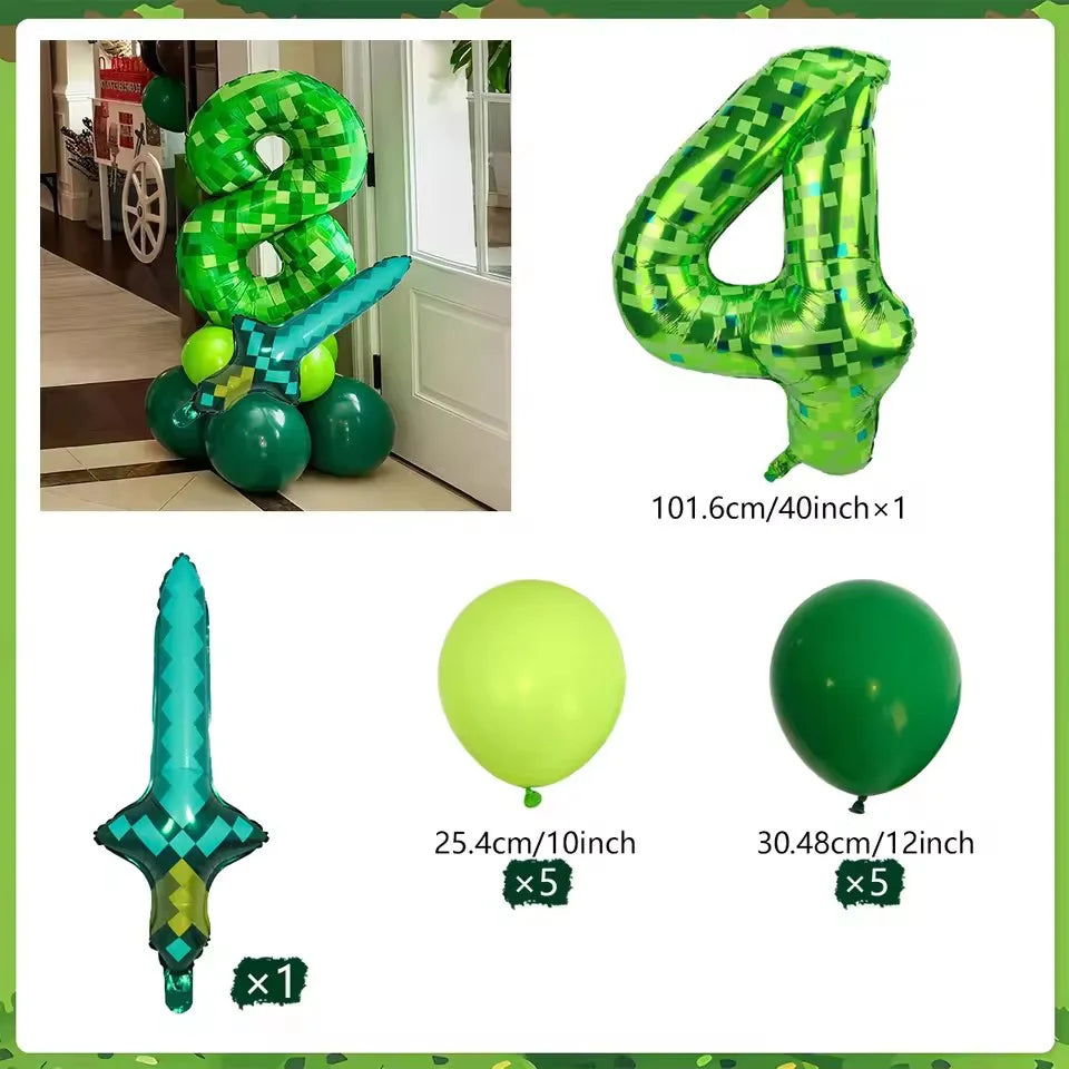 40 inch green Number Pixel Miner Balloon Set Diamond Sword Aluminum Film Balloon Jungle Game Event Birthday Party Decoration