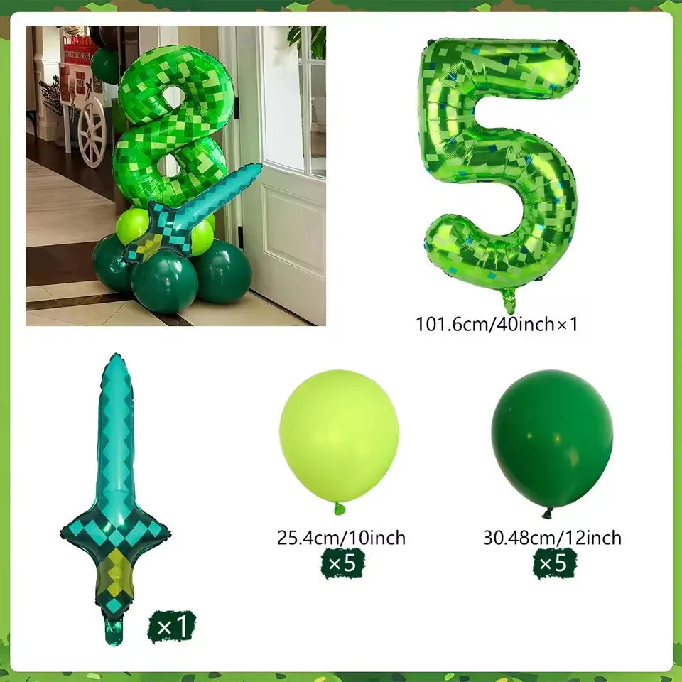 40 inch green Number Pixel Miner Balloon Set Diamond Sword Aluminum Film Balloon Jungle Game Event Birthday Party Decoration