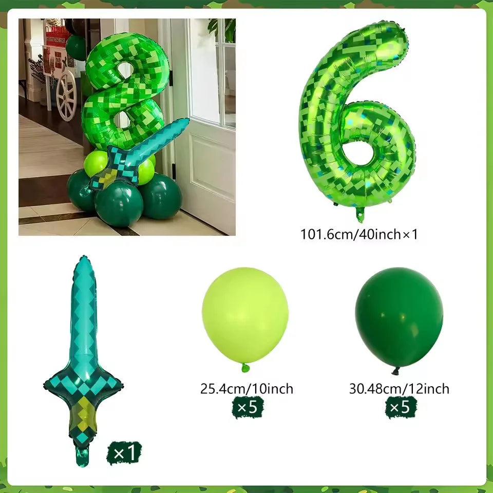 40 inch green Number Pixel Miner Balloon Set Diamond Sword Aluminum Film Balloon Jungle Game Event Birthday Party Decoration