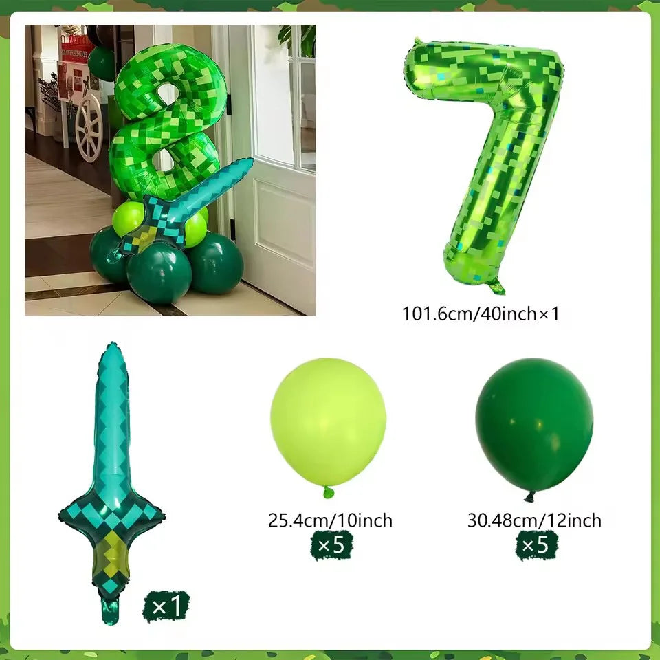40 inch green Number Pixel Miner Balloon Set Diamond Sword Aluminum Film Balloon Jungle Game Event Birthday Party Decoration