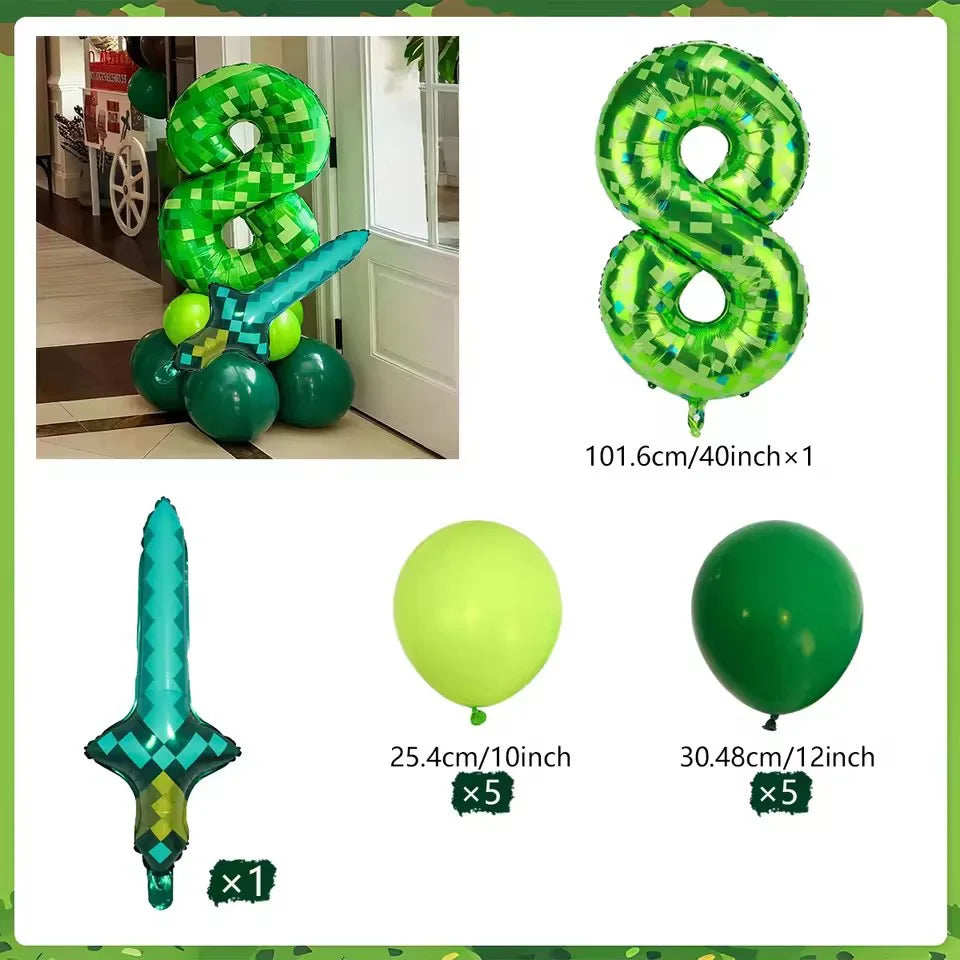 40 inch green Number Pixel Miner Balloon Set Diamond Sword Aluminum Film Balloon Jungle Game Event Birthday Party Decoration