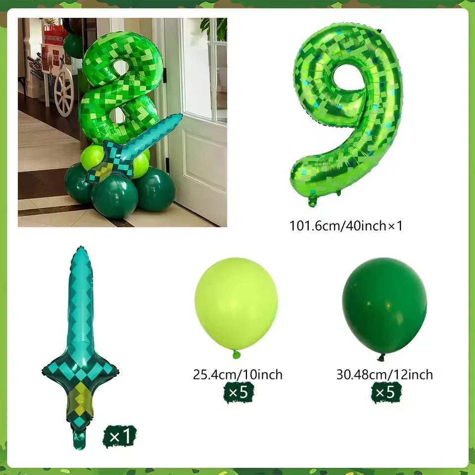 40 inch green Number Pixel Miner Balloon Set Diamond Sword Aluminum Film Balloon Jungle Game Event Birthday Party Decoration